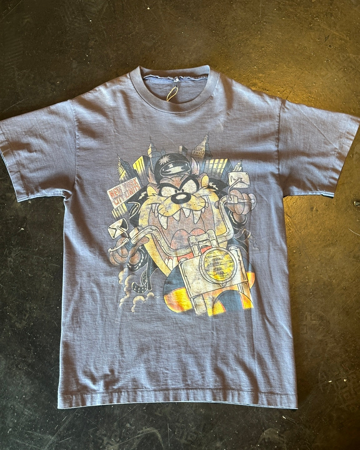 Vintage grey New York motorcycle cartoon graphic T-shirt front