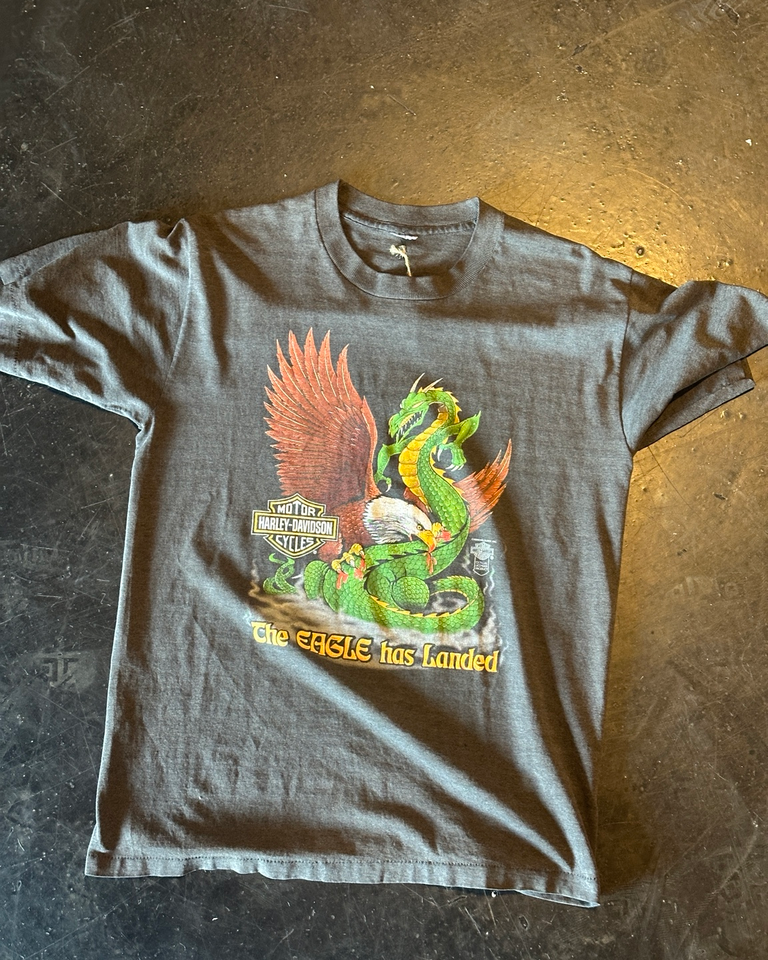 Vintage faded black 1988 Harley-Davidson eagle and dragon graphic T-shirt front