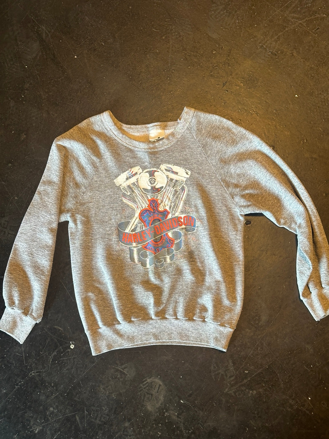 Vintage grey Harley-Davidson engine graphic crewneck sweatshirt front