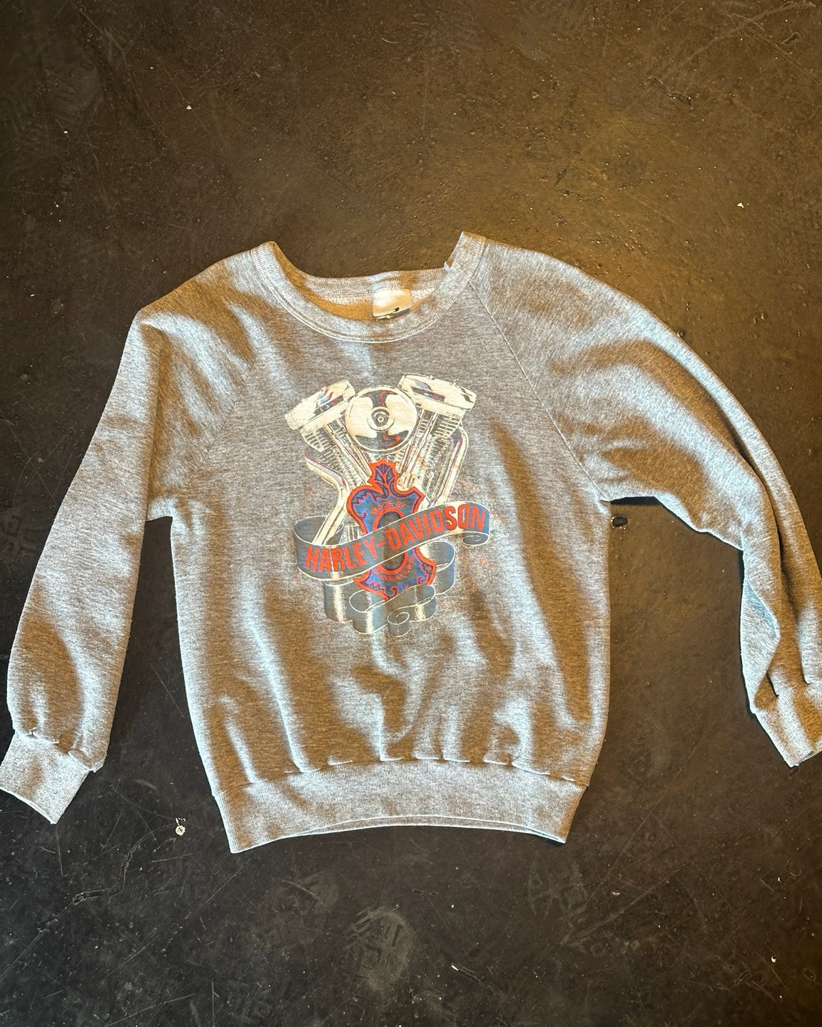 Vintage grey Harley-Davidson engine graphic crewneck sweatshirt front