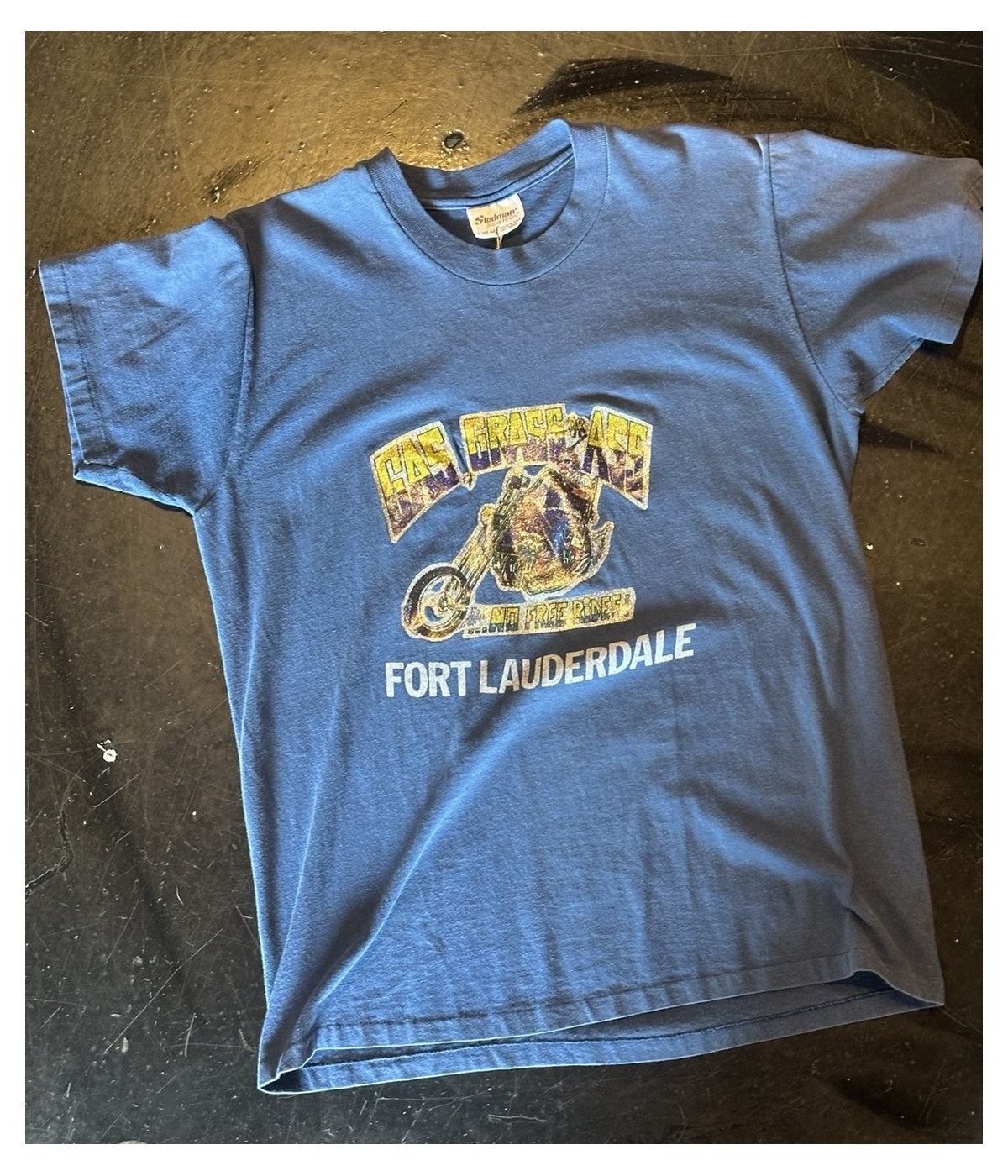 Vintage blue No Free Rides Fort Lauderdale motorcycle T-shirt, front view