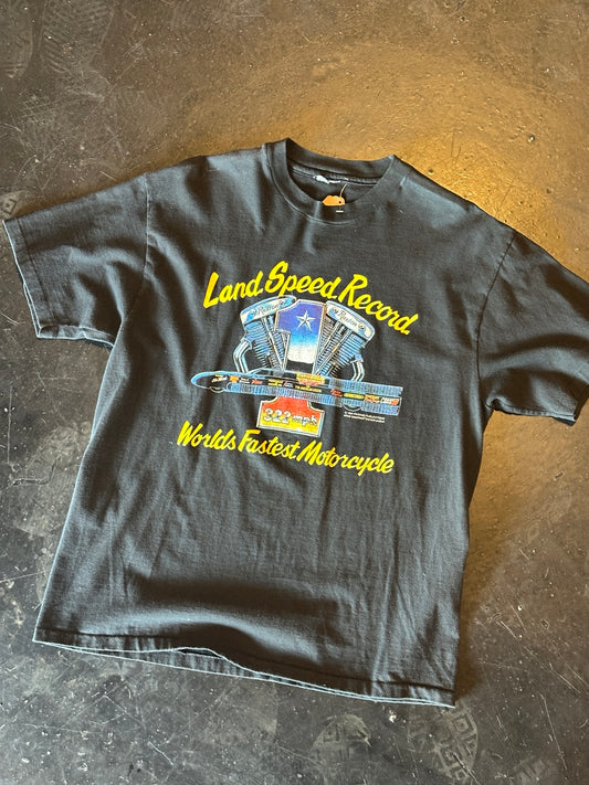 Vintage black motorcycle graphic T-shirt front
