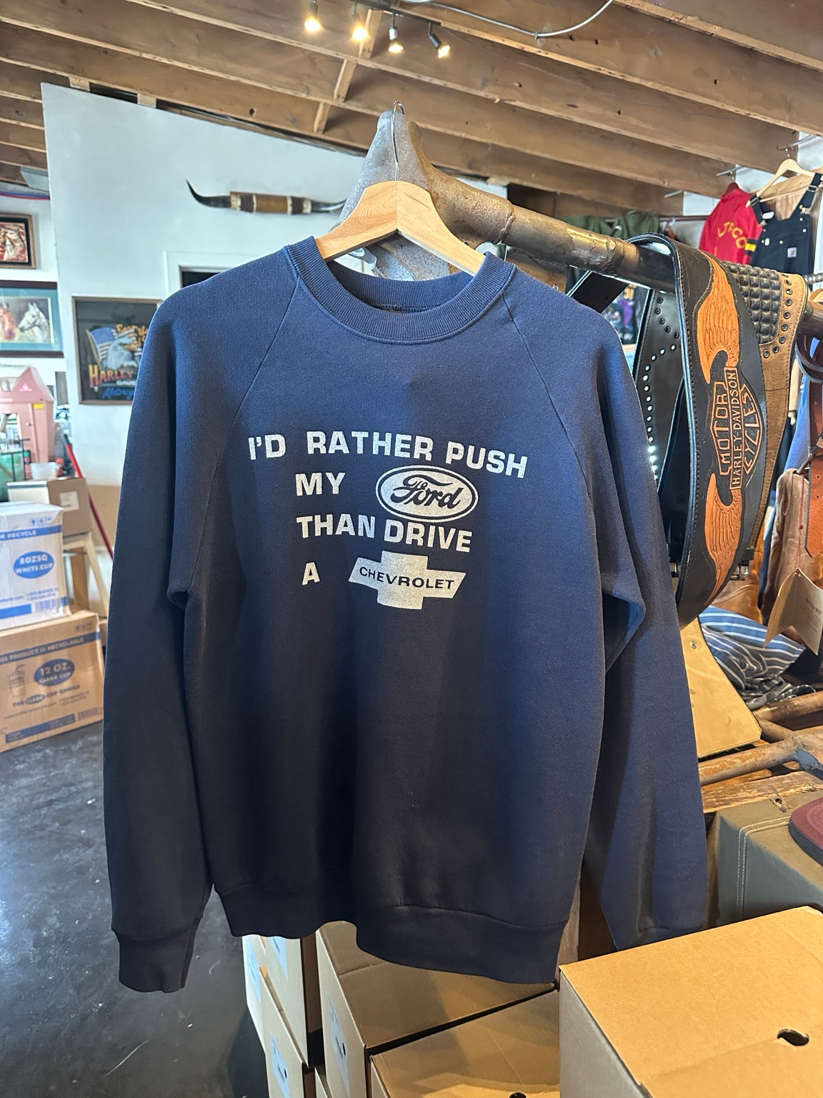 Navy vintage automotive slogan sweatshirt, front view